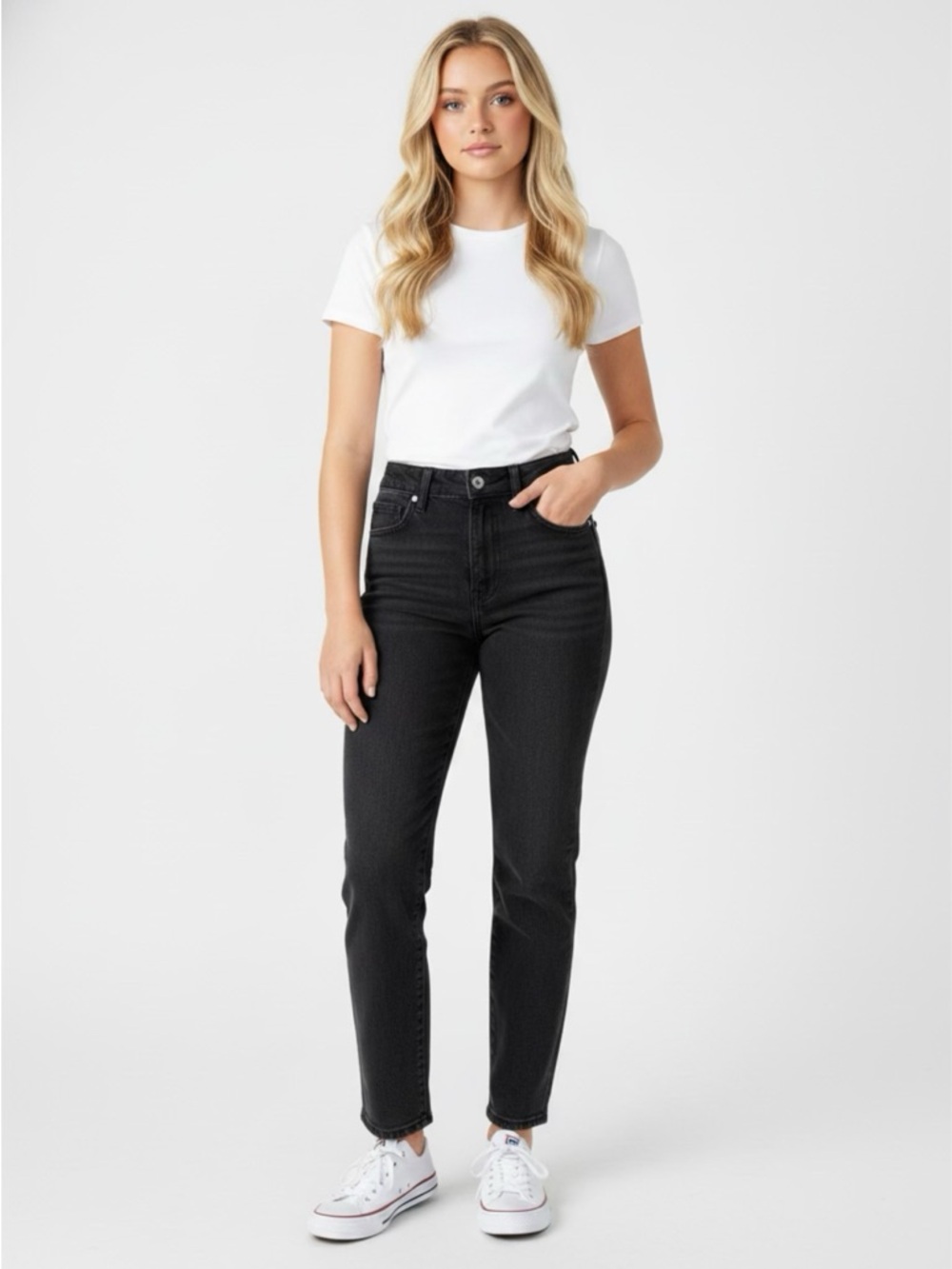 😎 Pacific Sunwear Mid-Rise Black Wash Mom Jeans~Women’s Sz 22”~Relaxed Fit